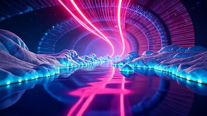 Poster - Neon River Flows Through Futuristic Cyber Tunnel with Glowing Rocks