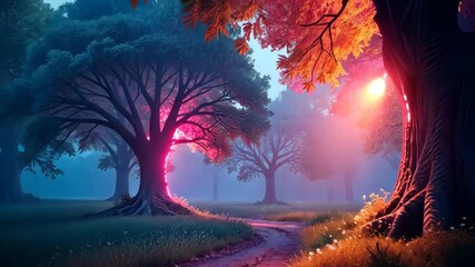 Poster - Neon Glow Forest Path A Mystical Journey Through Illuminated Trees