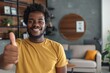 © Markus Schröder - Portrait of a tender afro-american man in his 30s showing a thumb up isolated in crisp minimalistic living room