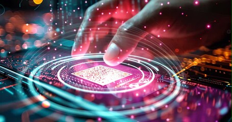 Close-up of a hand holding a smartphone, scanning a QR code, futuristic background with digital grids and holographic data displays, e-commerce and technology concept