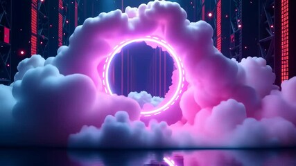 Aufkleber - Pink neon circle surrounded by clouds in a dark room