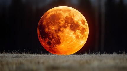 Wall Mural - Large orange moon rising, close to the ground, in a dark night landscape