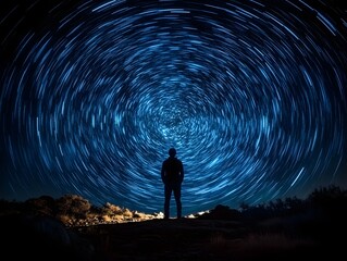 Wall Mural - Stargazing Serenity: A solitary silhouette of a person stands in quiet contemplation, observing the mesmerizing swirl of stars across the night sky, inviting viewers into the depths of the cosmos.