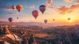 Hot Air Balloons Floating Above Cappadocia Landscape During Sunset Adventure