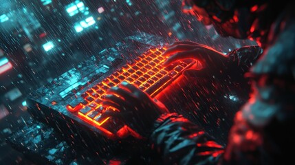 Typing on Glowing Keyboard in the Rain at Night with Cityscape