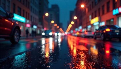 Wall Mural - abstract late-night city lights reflecting on wet pavement, dark, lights