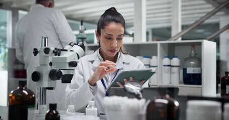 Aufkleber - Microscope, woman and scientist on tablet for development, research and chemistry experiment. Medical, science and worker on technology for pharma exam, microbiology and check test results in lab