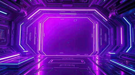 Wall Mural - Futuristic space station corridor illuminated with vibrant purple and blue lights