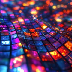 Poster - Abstract Wavy Grid of Neon Squares: Vibrant Mosaic with a Techno-Futuristic, Cyberpunk Aesthetic and Dynamic Perspective 