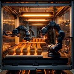 Poster - Automated Pottery: Robotic Arms Precisely Crafting Clay Pots in a Temperature-Controlled Industrial Oven