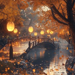 Poster - Autumnal Bridge Ambiance: Lanterns Glow Over Tranquil Waters, Leaves Drift in the Warm Light of a Beautiful Autumnal Evening