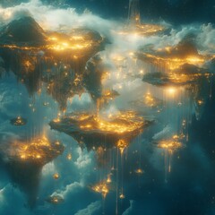 Aufkleber - Celestial Isles: An Ethereal Realm of Floating Lands Bathed in Golden Light and Whispering Through the Starry Skies.