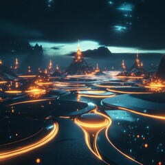 Aufkleber - Futuristic Neon Cityscape under a Starry Night Sky with Glowing Mountains and Circular Roads