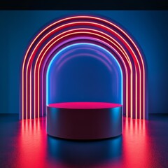 Aufkleber - Futuristic Product Display Platform with Neon Arches: A Stage for Innovation and Cutting-Edge Design