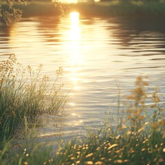 Poster - Golden Hour at the Lake: Serene Water Reflecting Sunset with Grass and Vegetation in Soft Focus 