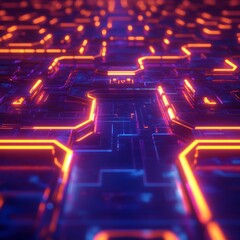 Aufkleber - Neon Circuit Board Abstract Illustration with Depth of Field, Orange Lights on Blue Background