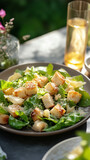 Professional food photography, caesar salad presented in a summer setting. Healthy home made fresh food full of vitamines and anti-oxidantia. Raw food, vegetables. Salad, tomatoes, cheese, outdoor set