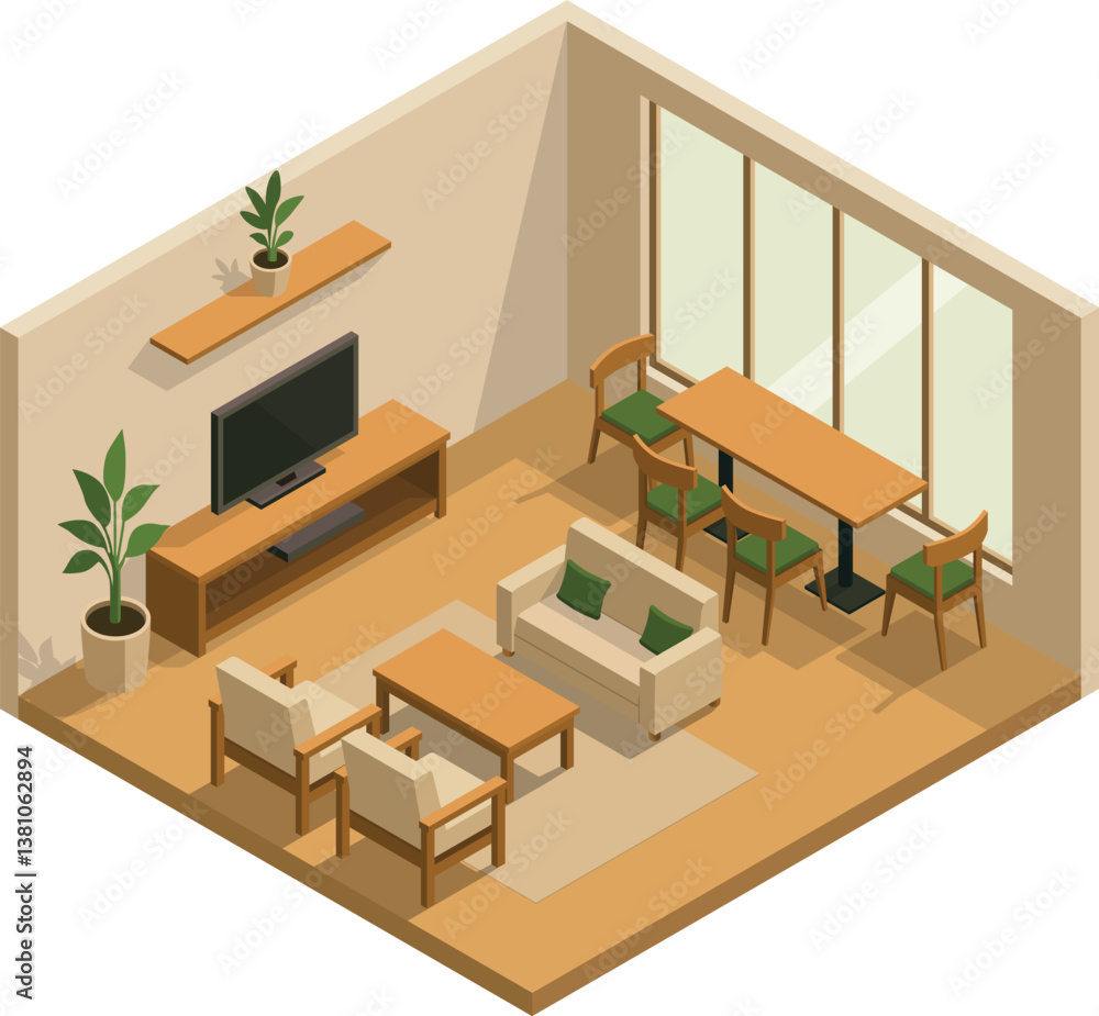 Isometric minimalist living room with TV and dining area Stock Vector ...
