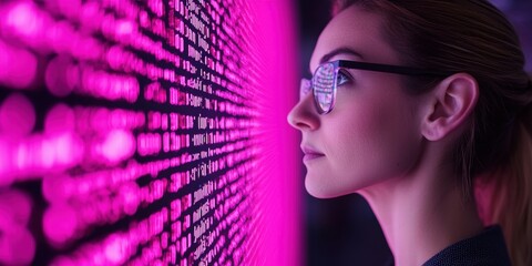 a focused woman in glasses gazes intently at a vibrant wall of digital data, illuminated in shades o