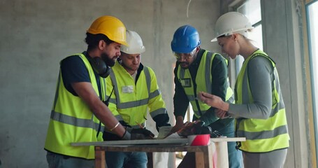 Poster - engineering, building and blueprints with people on construction site for teamwork, architecture and
