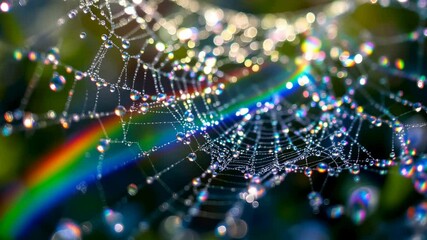 Spiderweb covered in water droplets sparkling in sunlight with rainbow. Dew on web macro video.