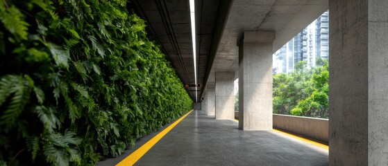 Aufkleber - Biophilic Urban Transit Corridor Sustainable Architectural Design with Living Green Wall, Minimalist Concrete Infrastructure, and Next-Gen Mobility Connectivity