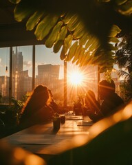 Aufkleber - Golden Hour Collaboration Millennial Professionals Reimagining Sustainable Workspace Design with Biophilic Innovation and Urban Panoramic Inspiration