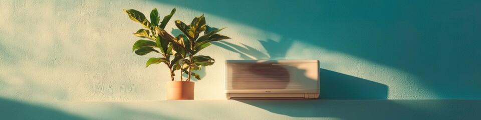 Aufkleber - Minimalist Indoor Wellness Sanctuary Sleek Air Conditioning Unit with Vibrant Houseplant - Contemporary Climate Control and Sustainable Home Design Inspiration