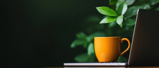 Poster - Zen Workspace Minimalism Modern Digital Nomad Productivity Scene with Vibrant Yellow Coffee Mug, Sleek Laptop, and Organic Green Backdrop - Wellness-Driven Remote Work Inspiration