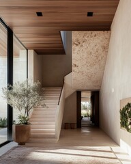 Poster - Minimalist Architectural Serenity Biophilic Design Meets Modern Luxury - Organic Textural Entryway Showcasing Sustainable Spatial Harmony and Wellness-Inspired Interior Architecture