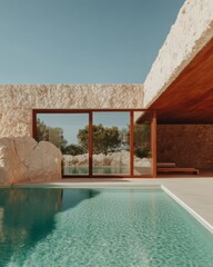 Aufkleber - Minimalist Wellness Retreat Contemporary Architectural Pool Sanctuary Blending Raw Stone Textures with Serene Aquatic Design for Luxury Mindfulness Experiences