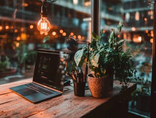 Poster - Bohemian Digital Workspace Warm Vintage Edison Lighting, Rustic Wooden Surface and Lush Greenery - Inspiring Remote Work Aesthetic for Creative Professionals