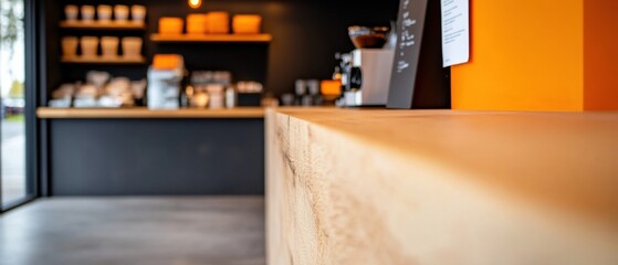 Aufkleber - Modern Minimalist Retail Space Entrepreneurial Wooden Counter Design with Warm Orange Accents - Innovative Small Business Workspace Showcasing Contemporary Commercial Aesthetic