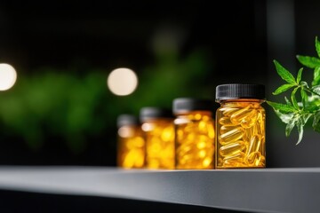 Fototapete - Precision Wellness Innovations Golden Supplement Capsules in Minimalist Lab Setting - Next-Gen Nutraceutical Research and Holistic Health Optimization