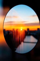 Aufkleber - Urban Sunset Reflection Minimalist Circular Lens Capturing Cityscape Horizon - Contemporary Design Symbolizing Perspective, Transition, and Innovative Visual Storytelling