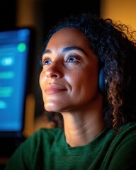 Leinwandbilder - Inclusive Tech Empowerment Neurodivergent Gen Z Professional Navigating Digital Learning with Sensory-Optimized Noise-Canceling Headphones in Adaptive Workspace
