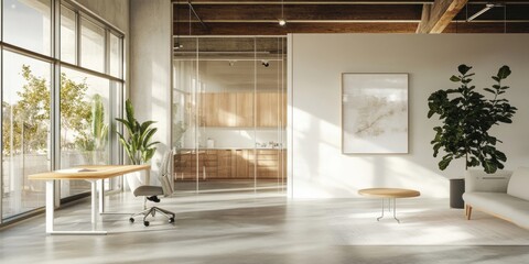 Aufkleber - Minimalist Urban Workspace Design Sustainable Hybrid Office Solution with Natural Light, Glass Partitions and Biophilic Elements for Modern Professional Environments