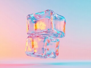 Poster - Crystalline Dreams Holographic Ice Cubes Illuminating Pastel Dimensions - Surreal Digital Art Exploring Translucent Material Innovation for Creative Visualization