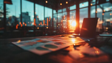 Fototapete - AI-Powered Analytics at Golden Hour Hyper-Focused Digital Workspace with Cinematic Urban Sunset Illuminating Interactive Data Visualization for Next-Gen Business Intelligence