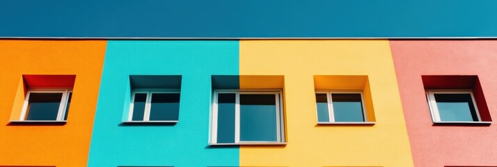 Poster - Urban Color Block Architecture Vibrant Minimalist Facade Design Showcasing Contemporary Geometric Aesthetics in Modern City Planning and Visual Innovation