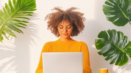 Leinwandbilder - Biophilic Remote Work Inspiration Vibrant Gen Z Professional Embracing Mindful Productivity in Sunlit, Plant-Filled Digital Workspace - Wellness-Driven Career Empowerment