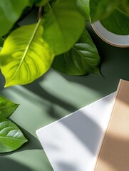 Leinwandbilder - biophilic design essentials soft green minimalist workspace with natural leaf shadows - modern susta