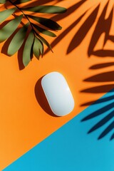 Poster - Minimalist Tech Meets Tropical Aesthetics Ergonomic White Computer Mouse on Bold Color-Block Background - Innovative Workspace Design and Creative Productivity Solutions