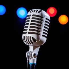 Leinwandbilder - Retro Chrome Vocal Powerhouse Vintage Microphone in Cinematic Stage Lighting - Professional Audio Performance and Creative Content Creation Aesthetic