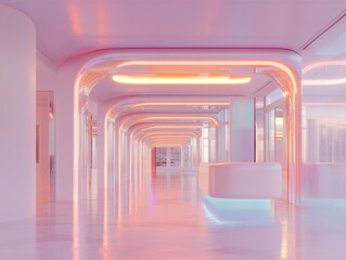 Leinwandbilder - Ethereal Healthcare Future Immersive Wellness Corridor Design - Soft Pastel Architecture Transforming Patient Experience in Compassionate Medical Spaces