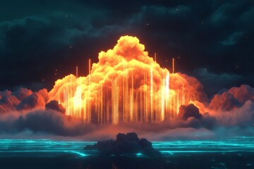 Wall Mural - Orange cloud emitting vertical light beams floating over a digital landscape and dark clouds at night