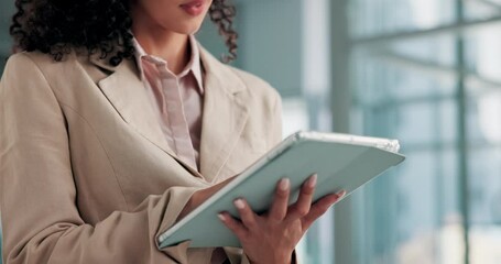 Poster - Tablet, hands and businesswoman in office with reading for online stock market, profit or revenue. Digital technology, research and female financial manager with email for contact with budget report.
