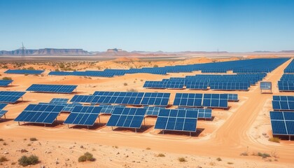 Vast Desert Solar Farm Renewable Energy Panels Array in Arid Landscape