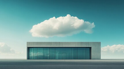 Fototapete - A sleek, minimalist building stands prominently against a bright blue sky dotted with a singular fluffy cloud. The expansive surroundings enhance the structure's modern aesthetic and tranquility