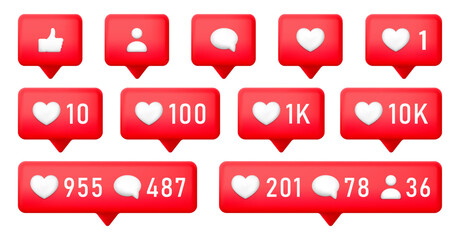 Wall Mural - set of vector icons for notifications in social network about a new like, comment, follower.